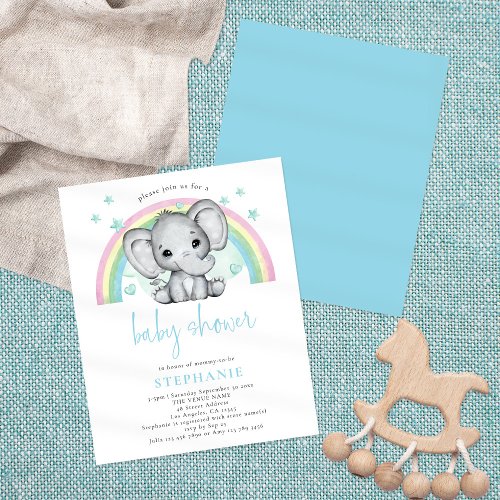 Budget Elephant Rainbow Blue Baby Shower Invite