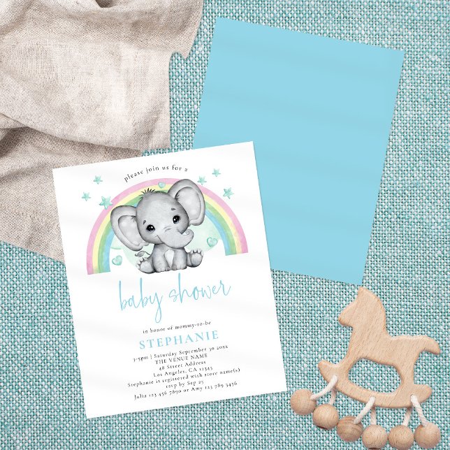 Budget Elephant Rainbow Blue Baby Shower Invite (Creator Uploaded)