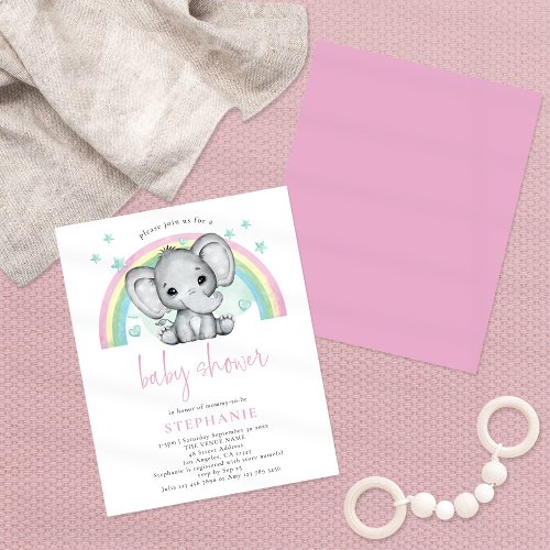 Budget Elephant Rainbow Pink Baby Shower Invite