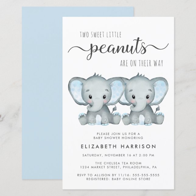 Budget Elephant Twin Boys Baby Shower Invitation (Front/Back)