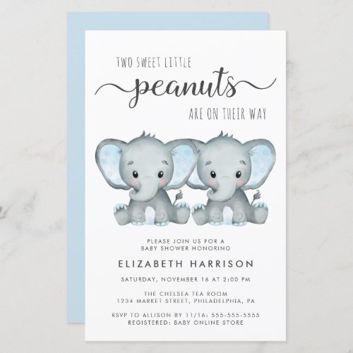 Budget Elephant Twin Boys Baby Shower Invitation