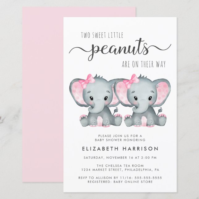 Budget Elephant Twin Girls Baby Shower Invitation (Front/Back)