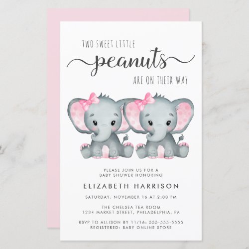 Budget Elephant Twin Girls Baby Shower Invitation