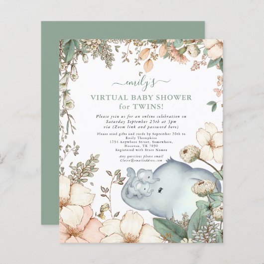 Budget Elephant Twins Virtual Baby Shower Invite (Front/Back)