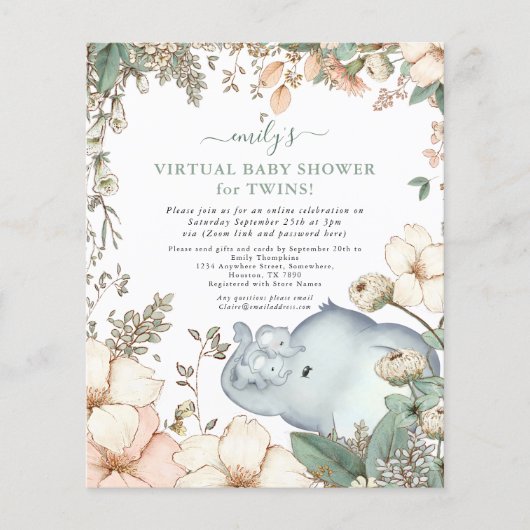 Budget Elephant Twins Virtual Baby Shower Invite (Front)