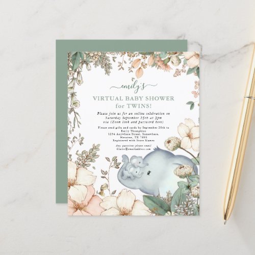 Budget Elephant Twins Virtual Baby Shower Invite