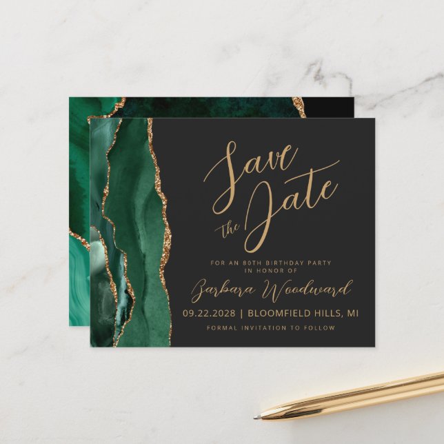Budget Emerald Agate 80th Birthday Save the Date (Front/Back In Situ)