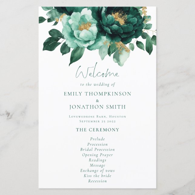 Budget Emerald and Gold Florals Wedding Program (Front)