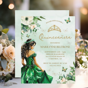 Budget Emerald Floral Dress Butterfly Quinceañera