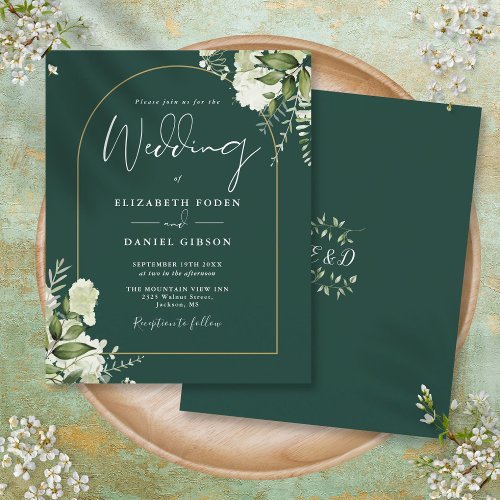 Budget Emerald Floral Gold Arch Wedding Invite