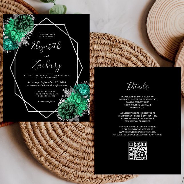 Budget Emerald Floral Silver Black QR Code Wedding (Creator Uploaded)