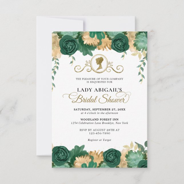 BUDGET Emerald Floral Victorian Bridal Shower Note Card (Front)