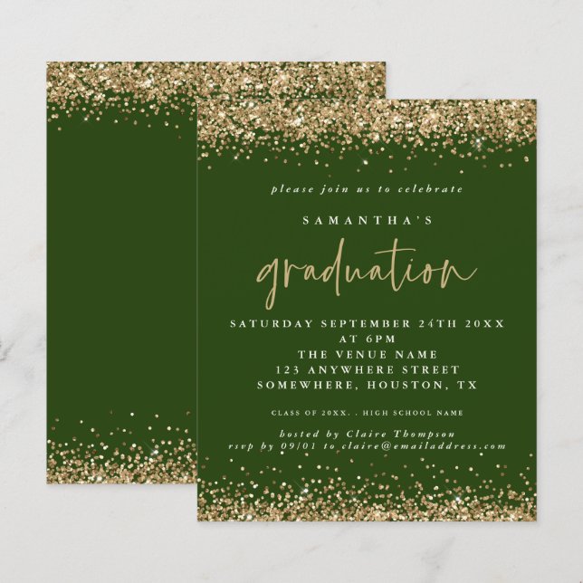 Budget Emerald Gold Glitter 2024 Graduation Invite (Front/Back)