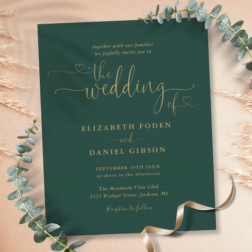 Budget Emerald Gold Hearts Script Wedding Invite