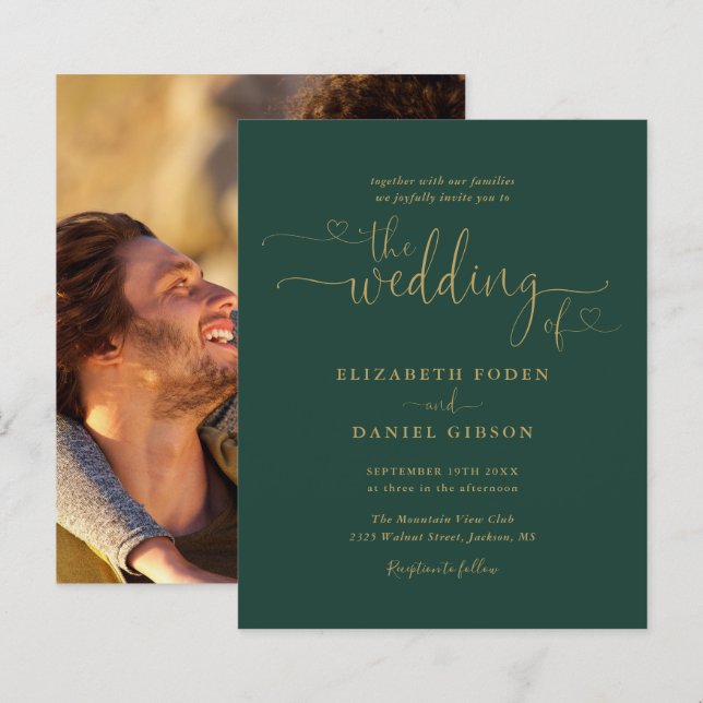 Budget Emerald Gold Script Photo Wedding Invite (Front/Back)