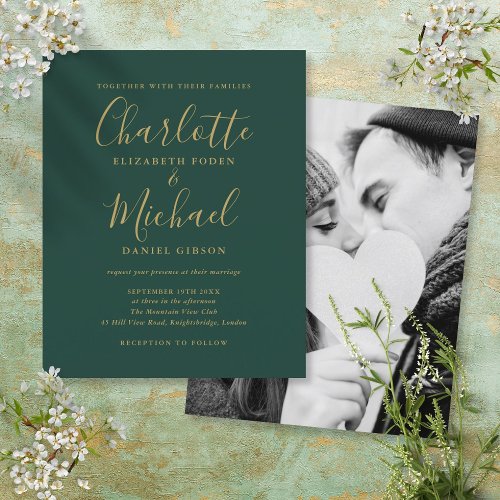 Budget Emerald Gold Script Photo Wedding Invite