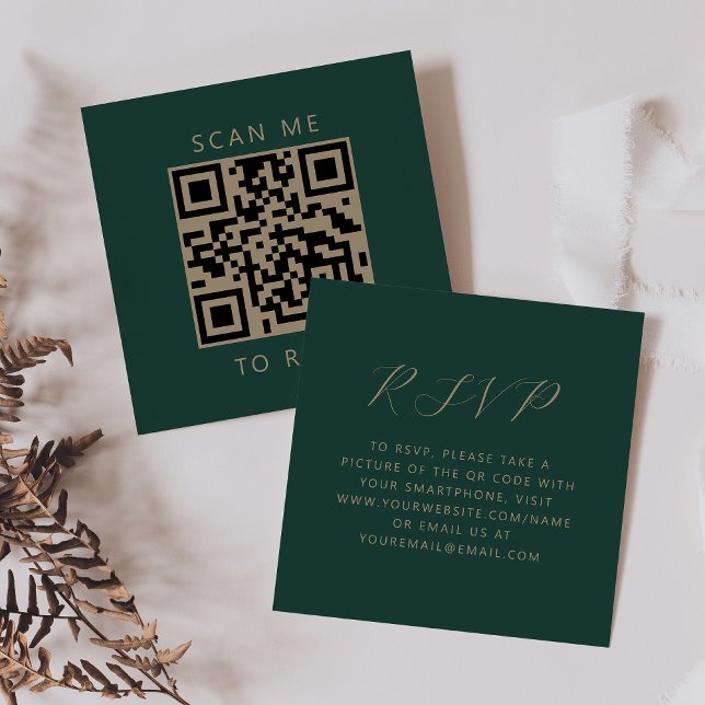 Budget Emerald Gold Script Wedding QR Code RSVP Enclosure Card (Creator Uploaded)