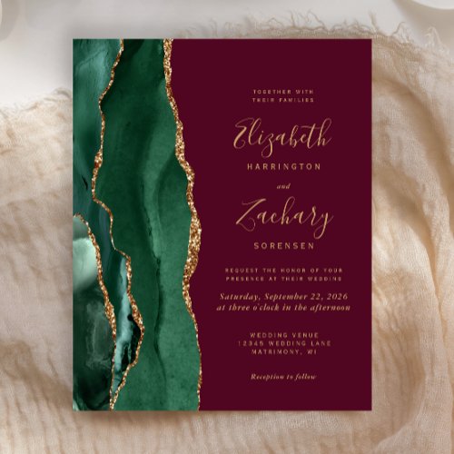 Budget Emerald Green Agate Burgundy Wedding Invite