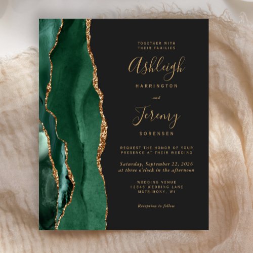 Budget Emerald Green Agate Dark Wedding Invitation