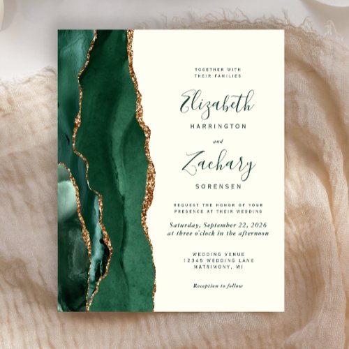 Budget Emerald Green Agate Ivory Wedding Invite