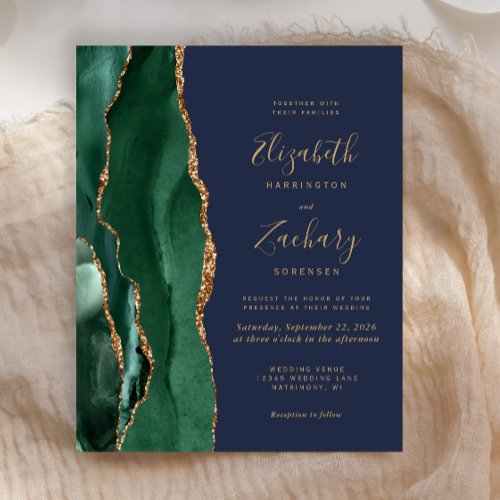 Budget Emerald Green Agate Navy Wedding Invitation