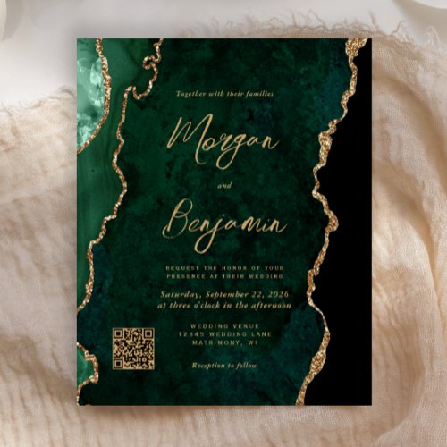 Budget Emerald Green Agate QR Code Wedding Invite