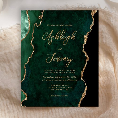 Budget Emerald Green Agate Script Wedding Invite