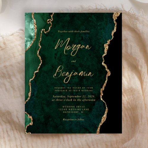 Budget Emerald Green Agate Script Wedding Invite