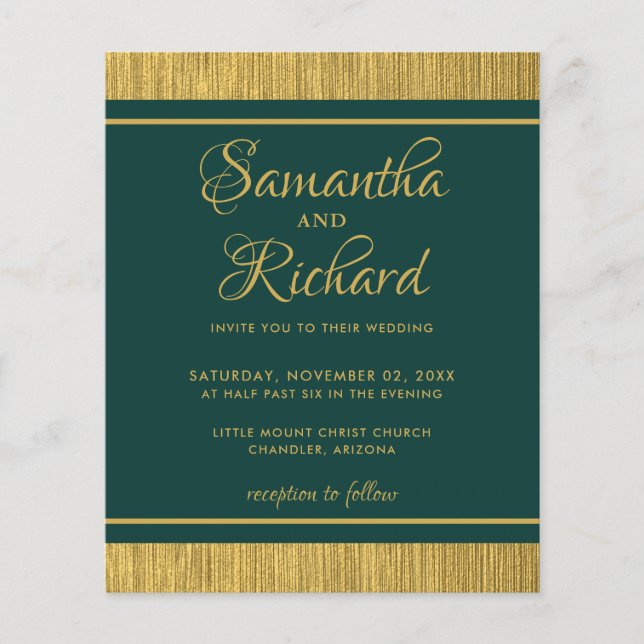 Budget Emerald Green And Gold Photo Wedding Invite (Front)