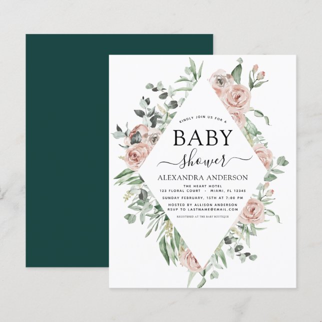 Budget Emerald Green Baby Shower Floral Invitation (Front/Back)