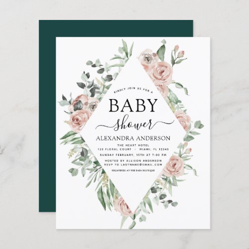 Budget Emerald Green Baby Shower Floral Invitation