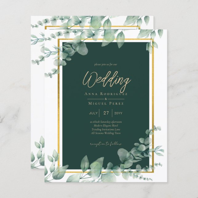 Budget Emerald Green Botanical Gold Wedding Invite (Front/Back)