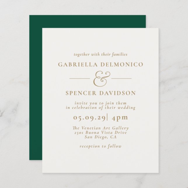 BUDGET Emerald Green Cream Gold Wedding Invitation (Front/Back)
