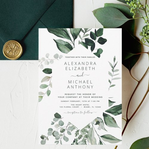Budget Emerald Green Eucalyptus Wedding Invitation