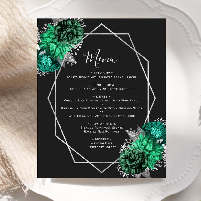 Budget Emerald Green Floral Black Wedding Menu (Creator Uploaded)