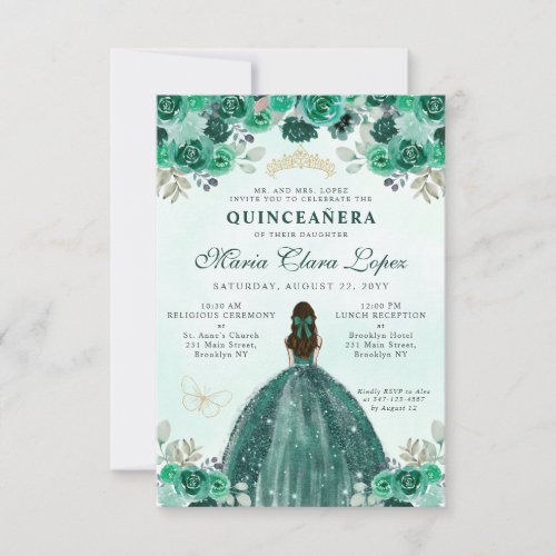 Budget Emerald Green Floral Princess Quinceaera Note Card