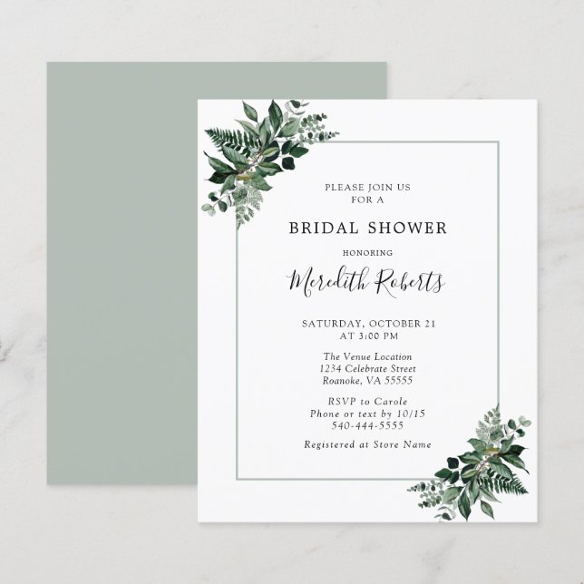 Budget Emerald Green Foliage Bridal Shower Invite (Front/Back)