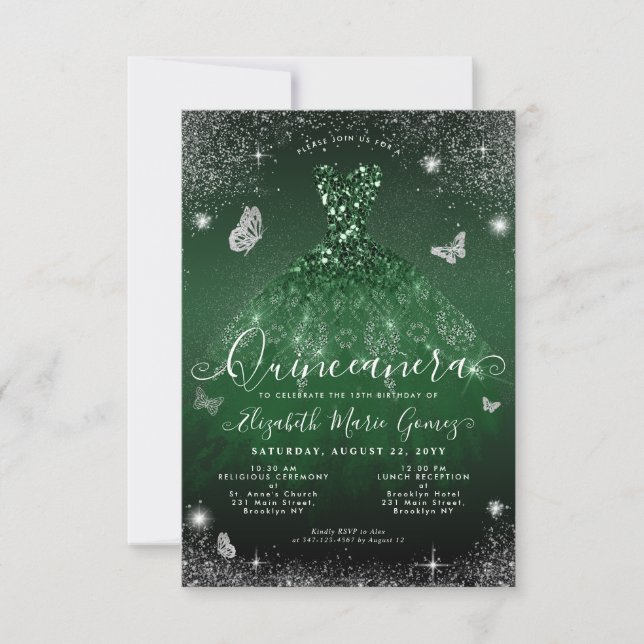 Budget Emerald Green Glam Glitter Gown Quinceanera Note Card (Front)