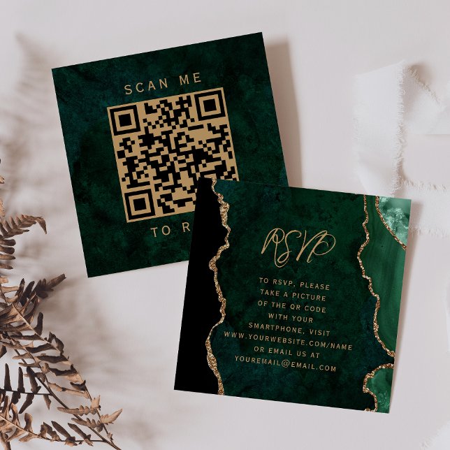 Budget Emerald Green Gold Agate Dark QR Code RSVP Enclosure Card (Creator Uploaded)