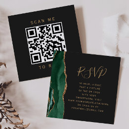 Budget Emerald Green Gold Agate Dark QR Code RSVP Enclosure Card