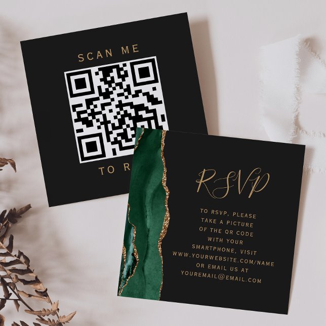 Budget Emerald Green Gold Agate Dark QR Code RSVP Enclosure Card (Creator Uploaded)
