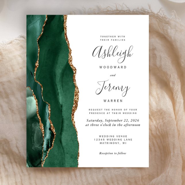 Budget Emerald Green Gold Agate Wedding Invitation (Creator Uploaded)