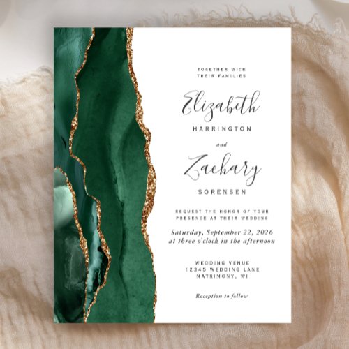 Budget Emerald Green Gold Agate Wedding Invitation