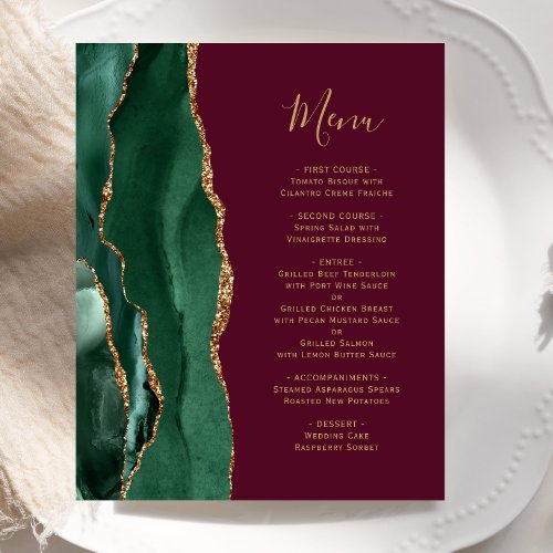 Budget Emerald Green Gold Burgundy Wedding Menu