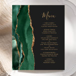 Budget Emerald Green Gold Dark Wedding Menu<br><div class="desc">The left-hand edge of this elegant modern wedding menu features an emerald green watercolor agate border trimmed with faux gold glitter. The customizable text combines gold-colored whimsical handwriting script and copperplate fonts on a slate black background. The reverse side features a matching emerald green and gold agate design.</div>