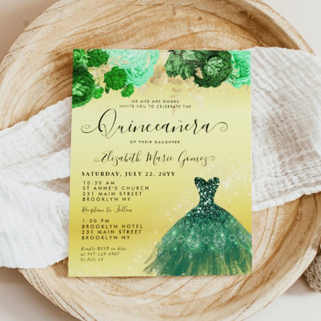 Budget Emerald Green Gold Dress Floral Quinceanera (Budget Emerald Green Gold Dress Floral Quinceanera Birthday Invitation)