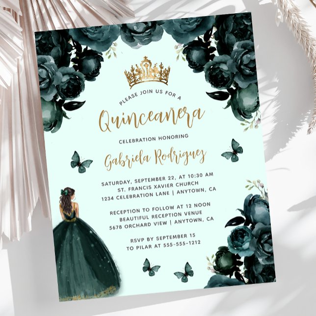 Budget Emerald Green Gold Floral Quinceañera (Creator Uploaded)