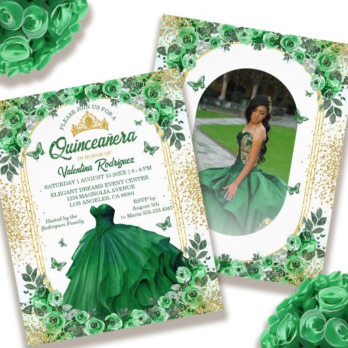 Budget Emerald Green Gold Floral Quinceanera Flyer