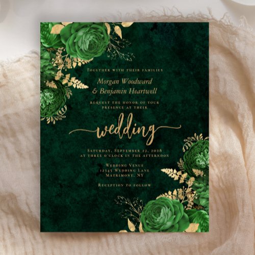 Budget Emerald Green Gold Floral Wedding Invite