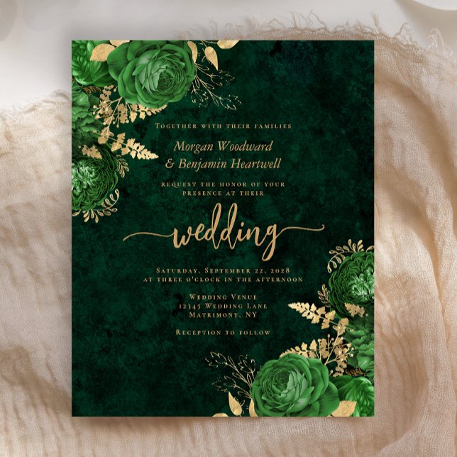 Budget Emerald Green Gold Floral Wedding Invite (Creator Uploaded)